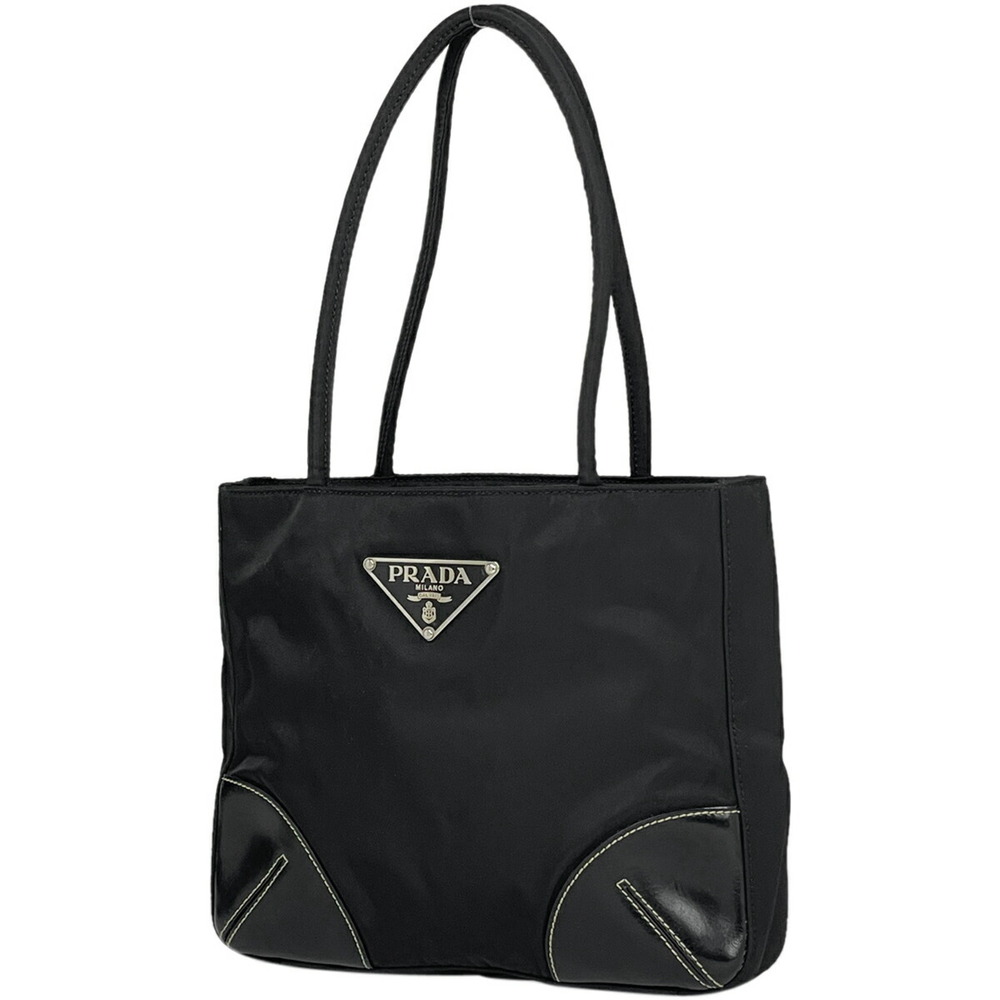 Prada Logo Plate Handbag Tote Bag Nero Black